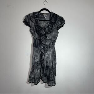 Moon River Animal Print Ruffle Black and Gray Dress Large